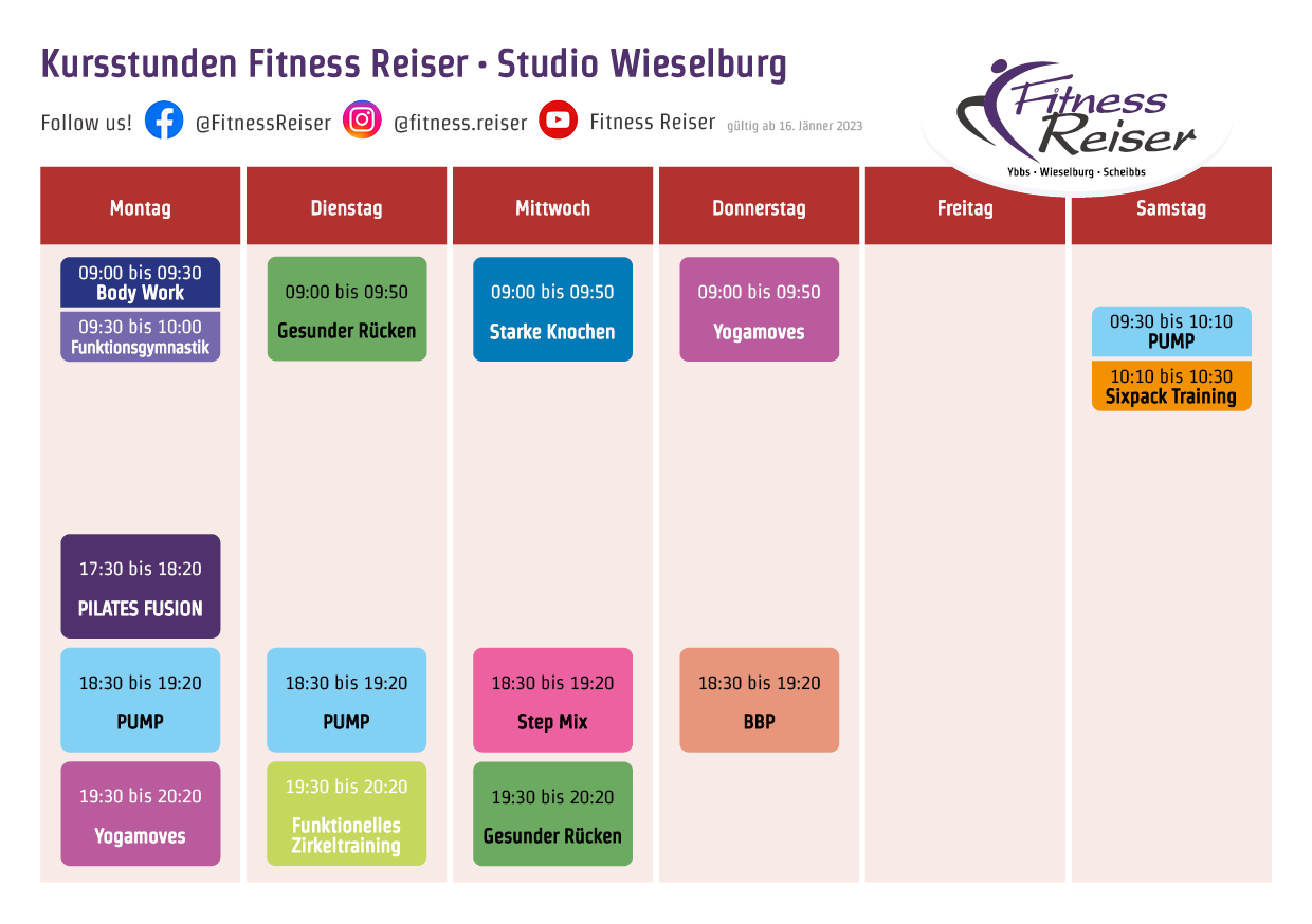 Kursplan (ab 16. Jänner 2023) | Fitness Reiser Kursplan (ab 16. Jänner 2023) | Fitness Reiser